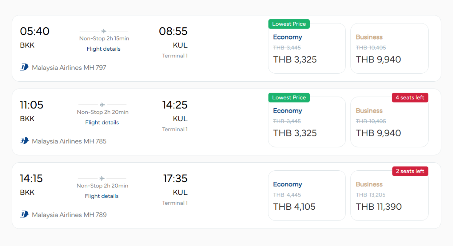 Во вторник, 17 марта, билет Бангкок — Куала-Лумпур с вылетом в 11:05 стоит от 3 325 THB⁣ ( ₽). © malaysiaairlines.com