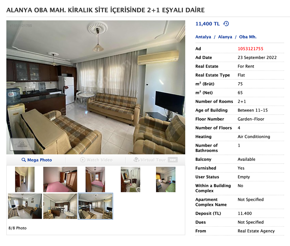 Еще один пример квартиры в турецком доме за 11 400 TL. Тоже все заставлено диванами. Источник: sahibinden.com