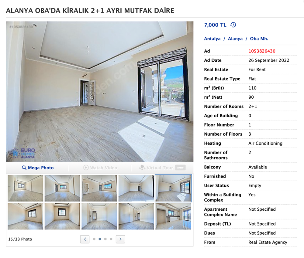 Эту квартиру сдают без мебели в новом доме за 7000 TL. Источник: sahibinden.com
