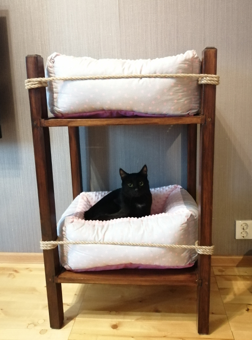 А это новое папино изобретение — двухэтажная кошачья кровать. На полки мы положили лежанки, потратили на них 1634 ₽