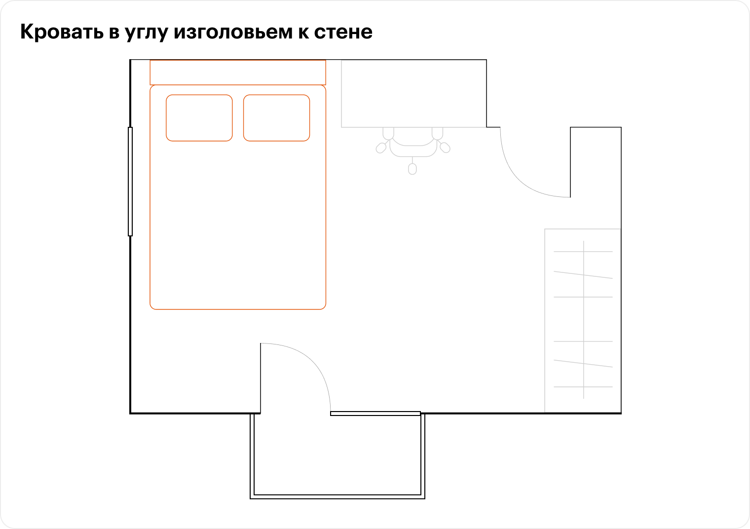 Здесь тоже можно поменять местами шкаф и рабочее место, если вещей немного, а стол нужен широкий. В угол между кроватью и балконом поставьте этажерку
