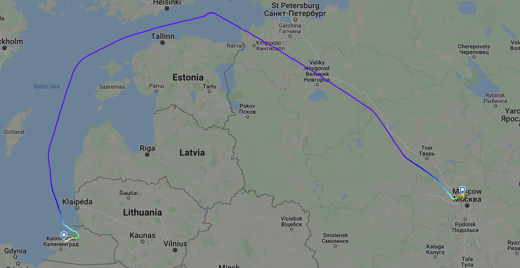 По такому маршруту «Аэрофлот» летает из Москвы в Калининград. Источник: flightradar24.com