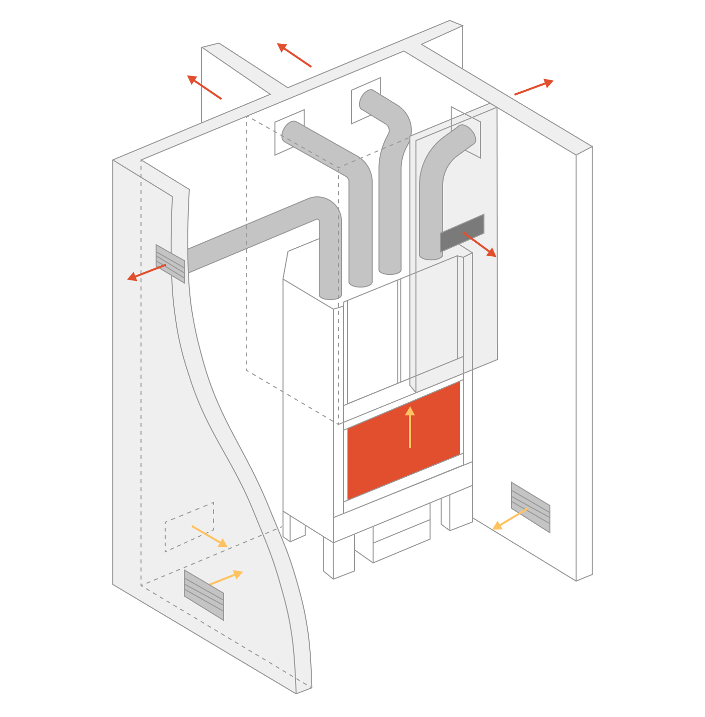 Принцип работы камина с воздушным отоплением: теплый воздух разводится по помещениям с помощью системы воздуховодов