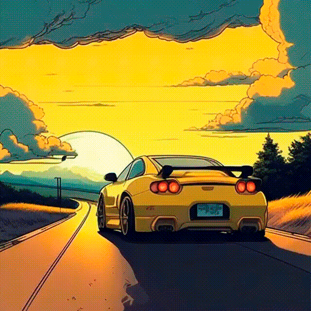 В видео три сцены, все запросы копируют друг друга, меняется только цвет машины: «спортивный желтый/красный/синий автомобиль, дорога, на фоне рассвет, облака, скриншот DVD из фильма, ретро аниме»