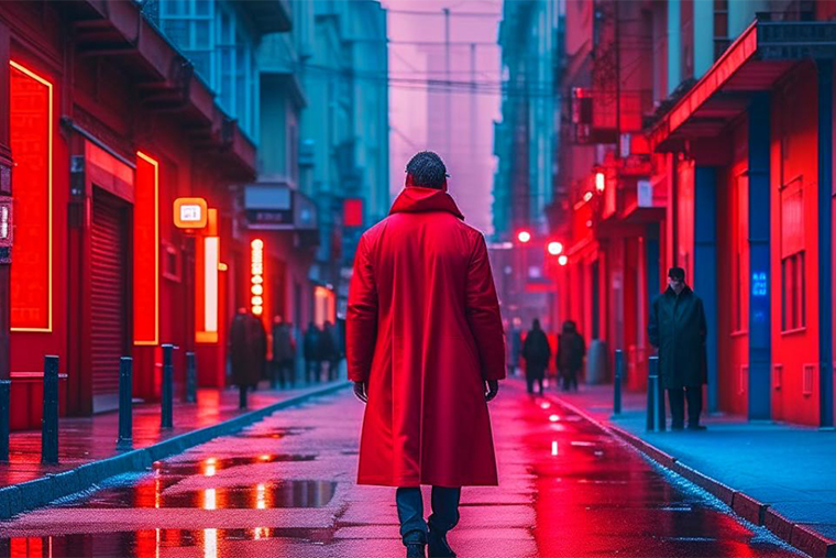 Оригинальная картинка: мужчина в красном пальто в Москве, киберпанк