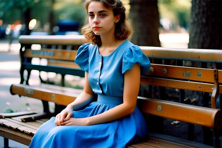 Красивая девушка в синем платье сидит на скамейке