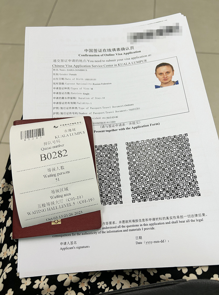 Анкета на визу и стикер в моем паспорте с китайской бизнес-визой типа М