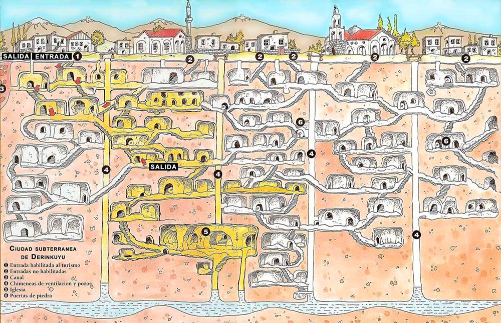 Карта подземного города Деринкую. Такая же карта висела у входа в подземный город