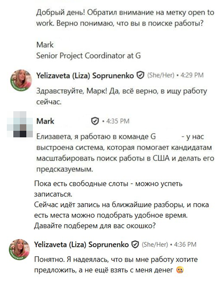 Я даже сохранила диалог с очередным карьерным консультантом, или кем он там себя считает