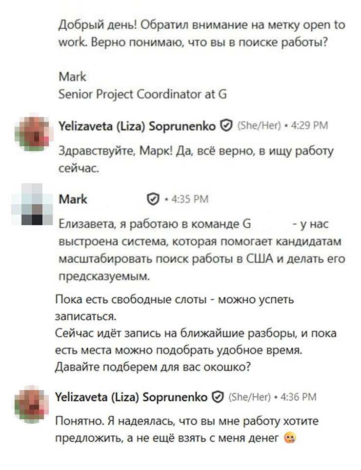 Я даже сохранила диалог с очередным карьерным консультантом — или кем он там себя считает