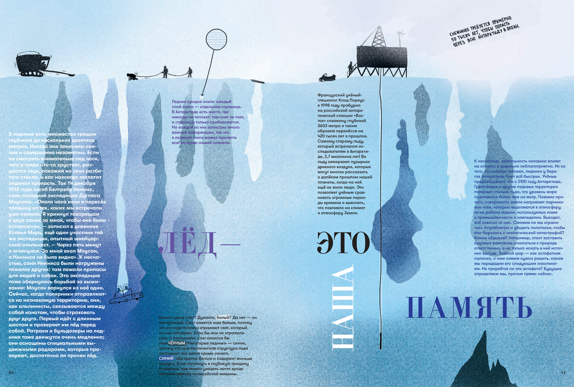 Это страницы познавательной книги «А — это Антарктида»: художник Давид Бем использует и фотографию, и рисунок, и карты