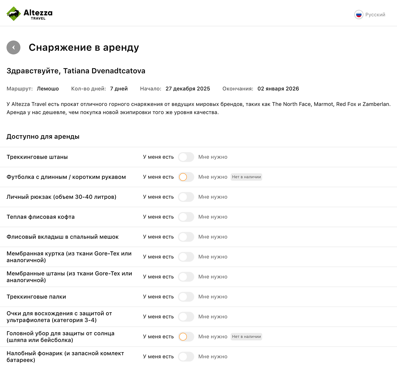 Часть списка оборудования, который прислал менеджер