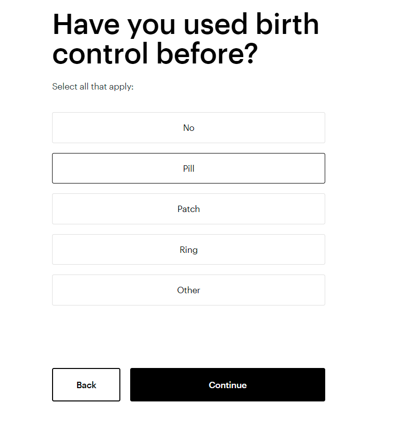 В анкете нужно указать, какие контрацептивы вы используете сейчас, какие хотите использовать. Также можно написать названия конкретных лекарств. Источник: nurx.com