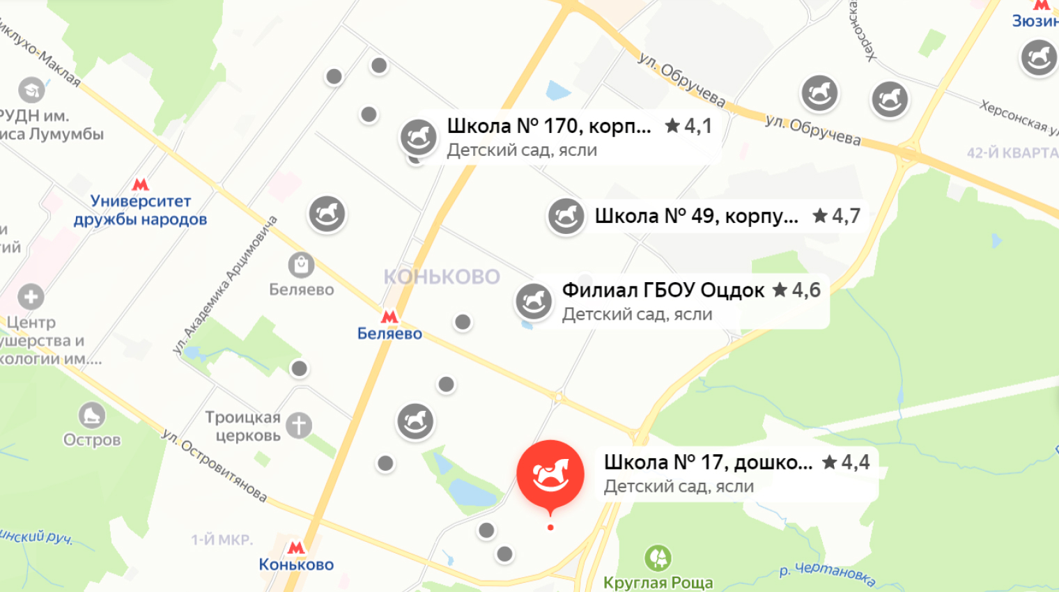 В Конькове 27 детских садов, но мне показалось, что на карте «Яндекса» их больше. Источник: yandex.ru