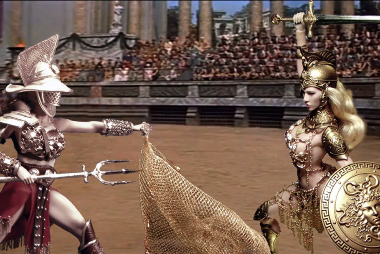 Гладиаторша Древнего Рима сражается со спартанкой Древней Греции, на арене Колизея