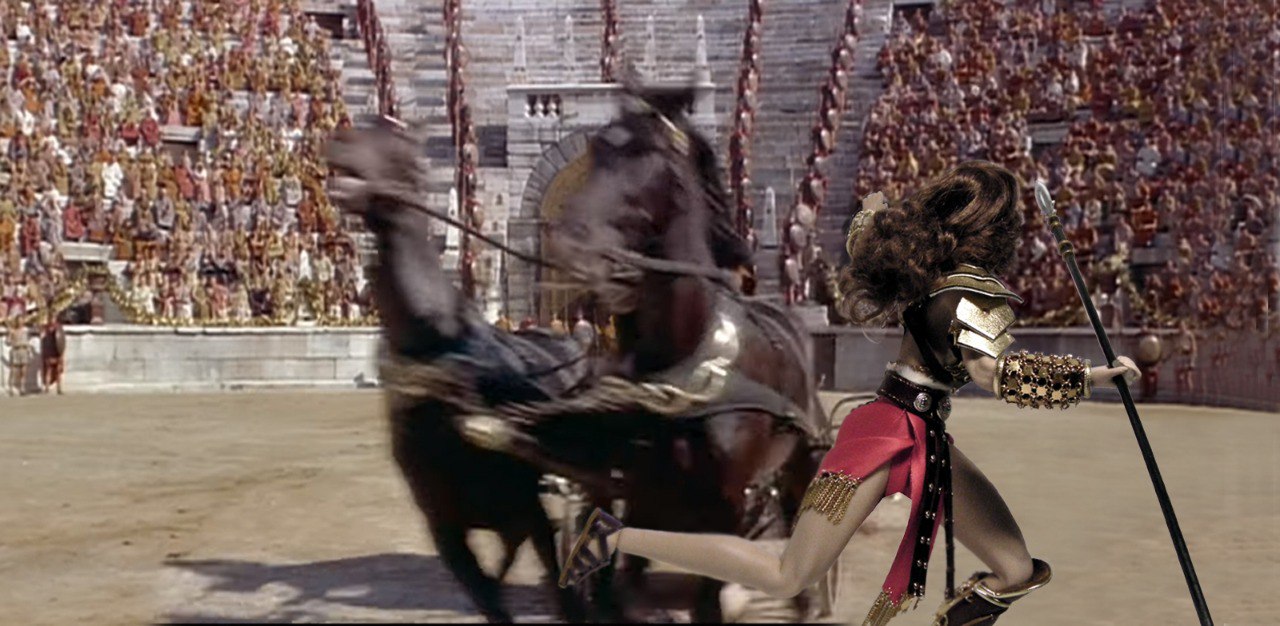 Гладиаторша Древнего Рима сражается с колесницей