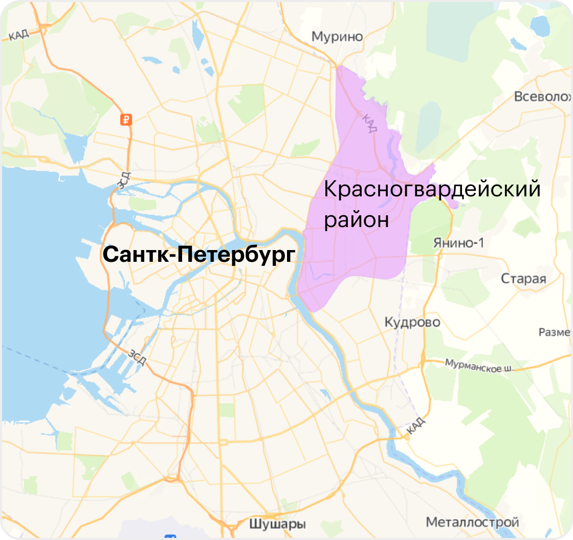 Красногвардейский район граничит с Центральным, Калининским и Невским районами города, а еще со Всеволжским районом Ленинградской области