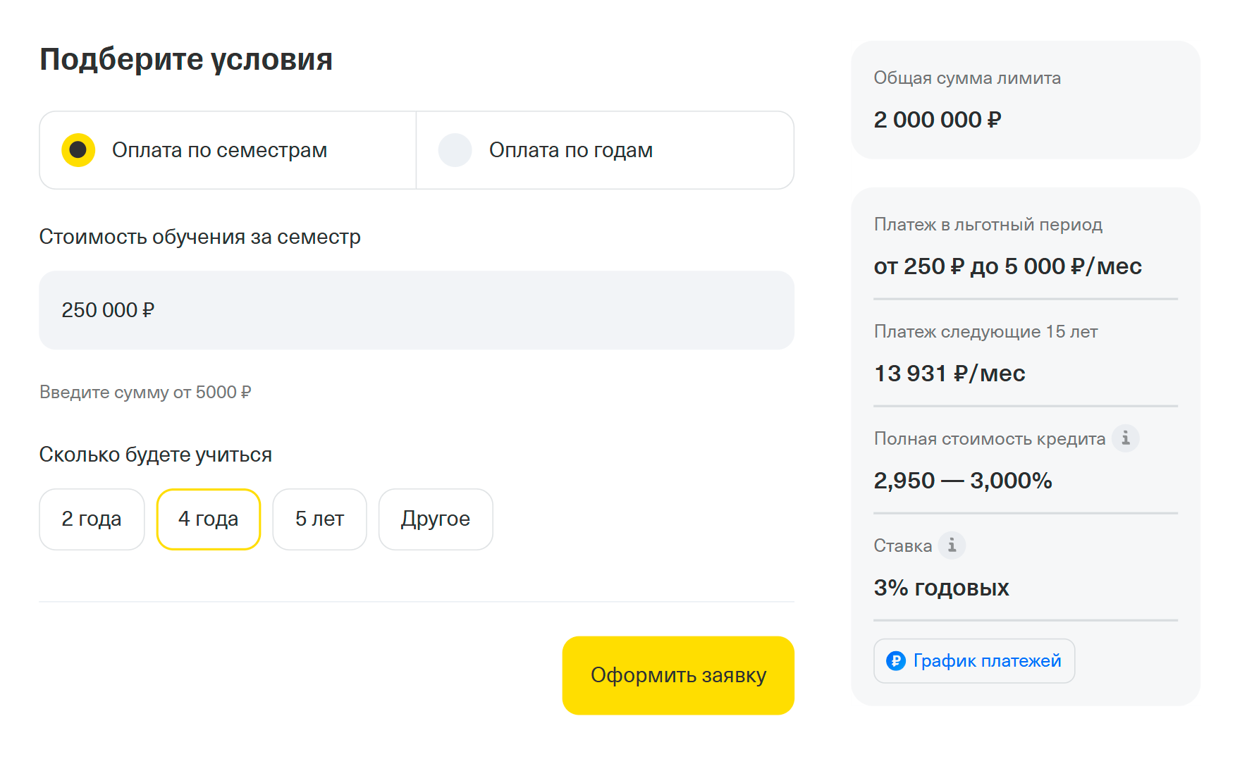 Если взять кредит на 2 000 000 ₽, в первый семестр можно платить от 250 ₽ в месяц. Источник: tbank.ru