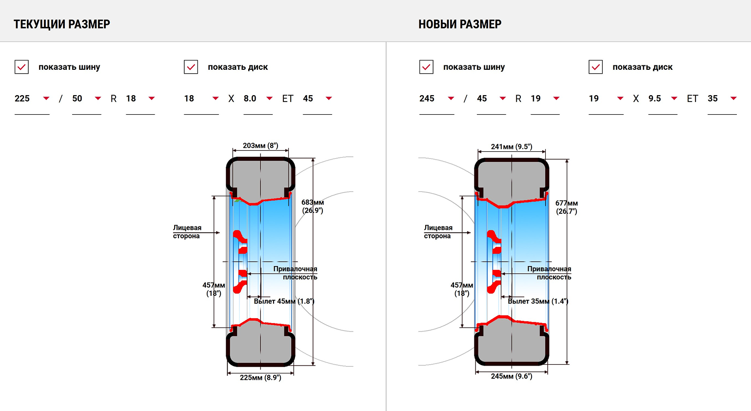 Если увеличивать размер дисков, нужно подобрать ширину и профиль новых покрышек, чтобы их общая высота сильно не поменялась. Еще в нем можно примерить покрышки разной ширины на один и тот же диск. © yokohama.ru