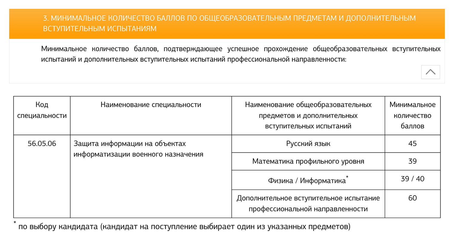 В Краснодарском высшем военном училище на вступительных испытаниях третий предмет выбирают из двух вариантов. Источник: kvvu.mil.ru