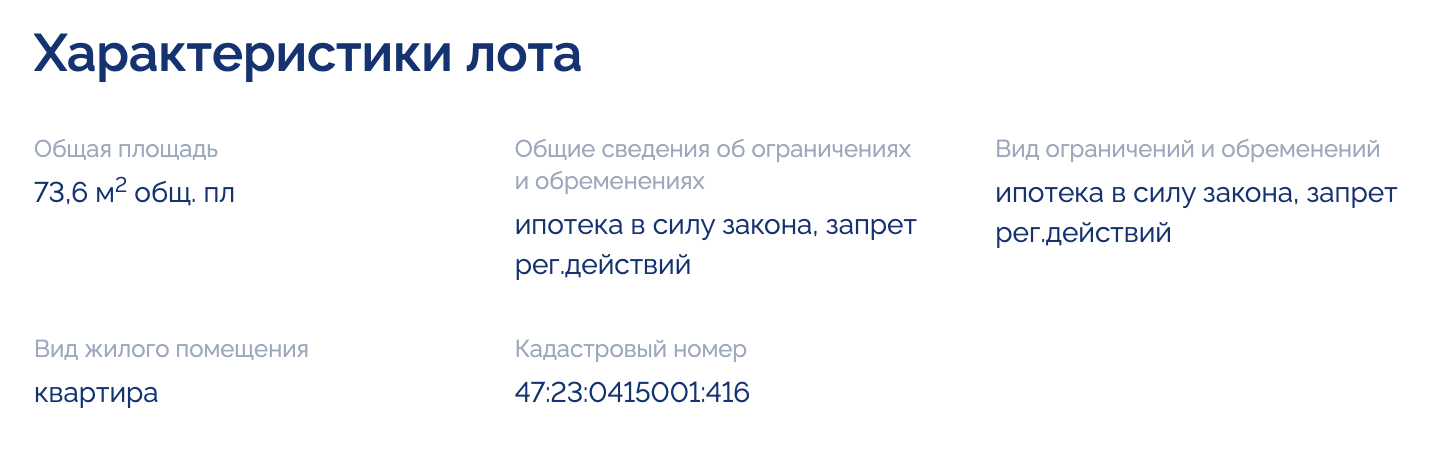 Так выглядит карточка ипотечной квартиры, выставленной на торги. Среди обременений указаны ипотека и запрет регистрационных действий. Источник: torgi.gov.ru