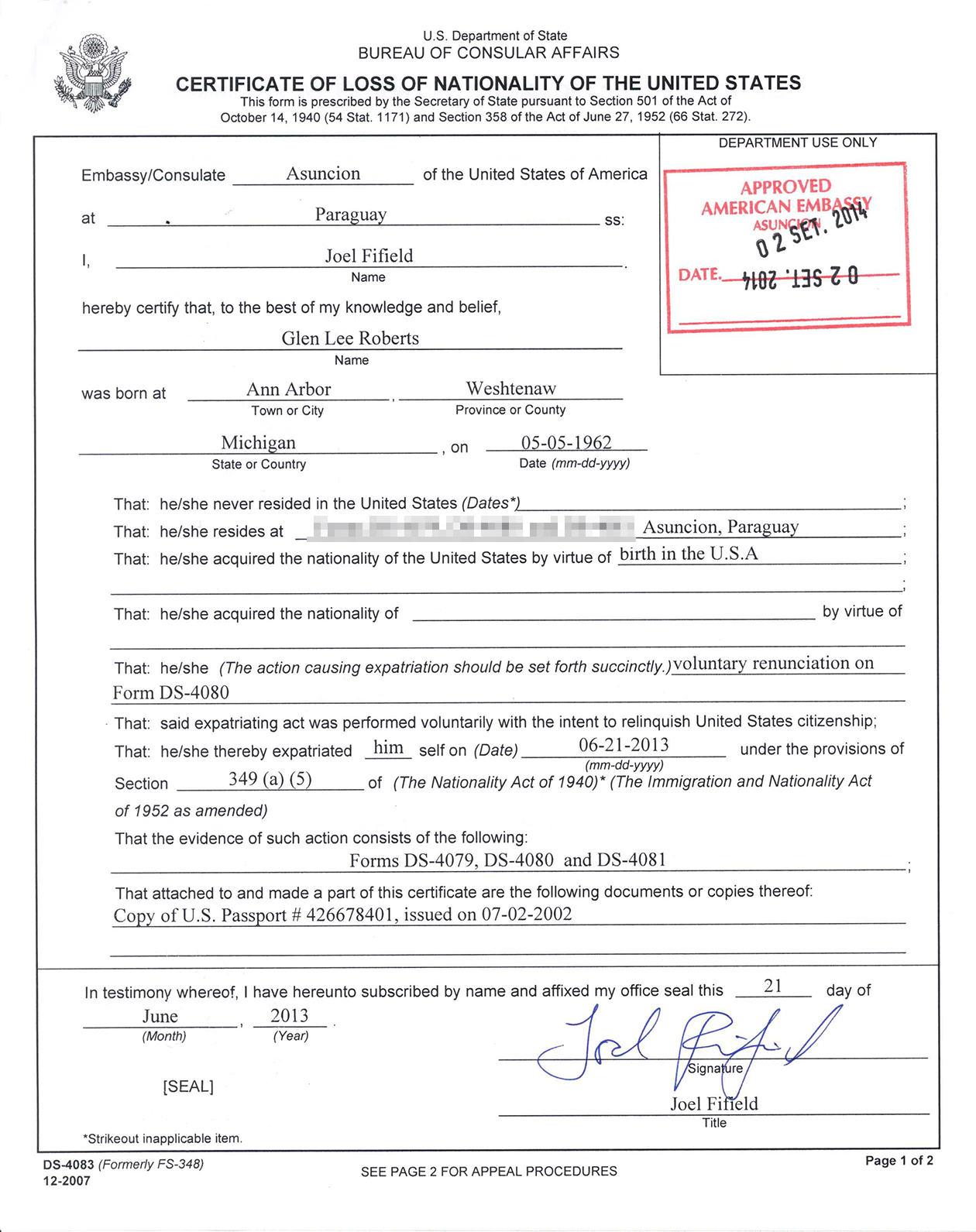 Сертификат об утрате гражданства США. Источник: wikipedia.org