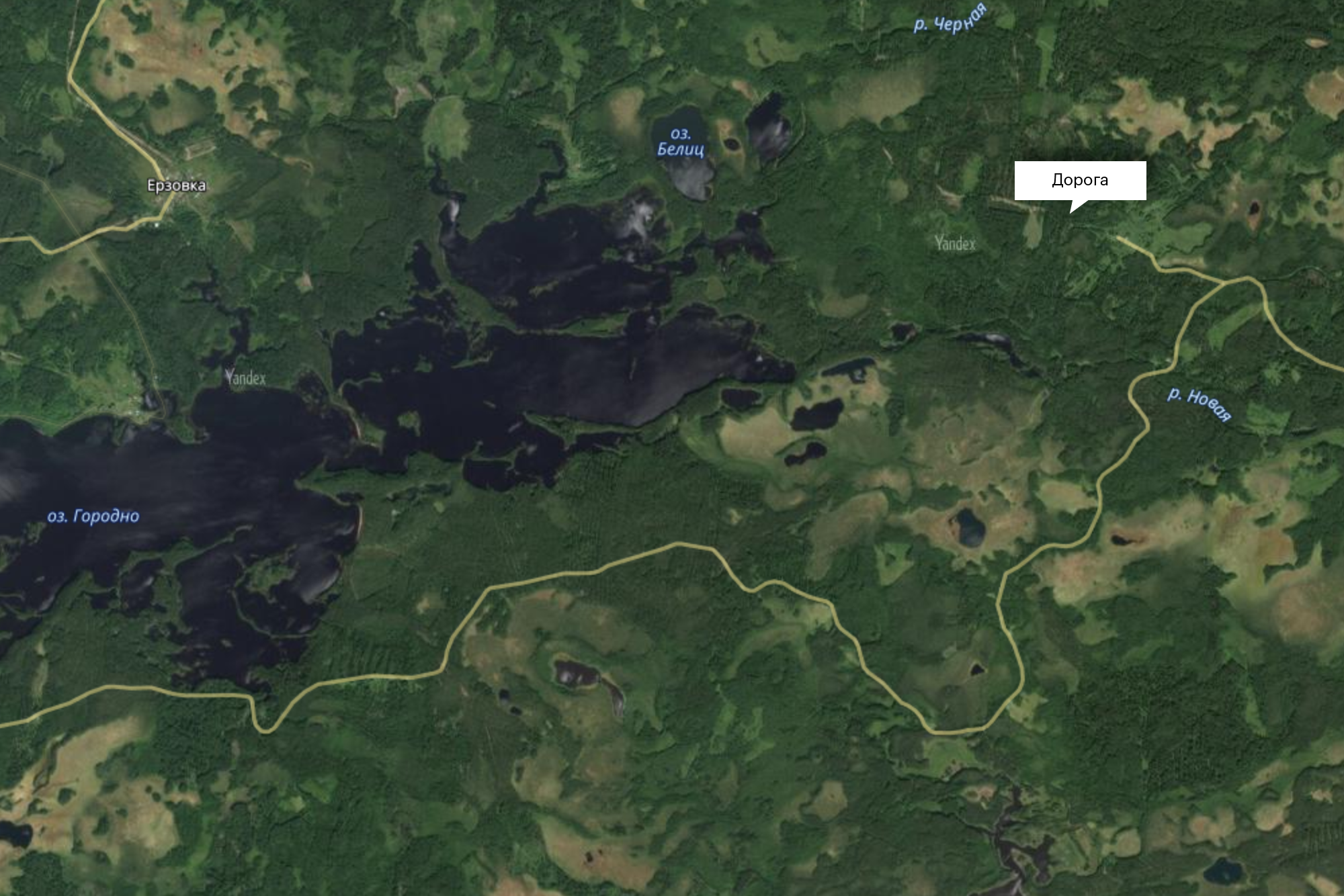 Тот же самый фрагмент карты в режиме просмотра «Гибрид»: видно, что от Сафоново к озеру Черное ведет грунтовка
