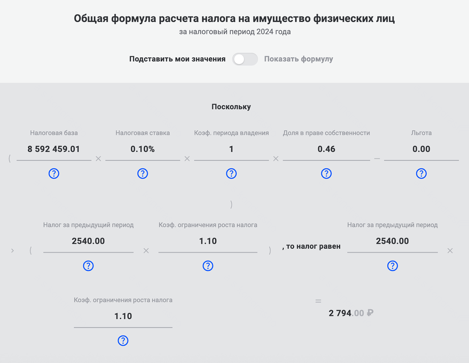 В личном кабинете налогоплательщика под кадастровой стоимостью объекта есть формула, по которой рассчитан налог. Если бы не ограничение роста, налог за эту квартиру за 2024 году составил бы 3 952 ₽. Но раз налог за 2023 год был 2 540 ₽, по факту начислили 2 794 ₽ — всего на 10% больше