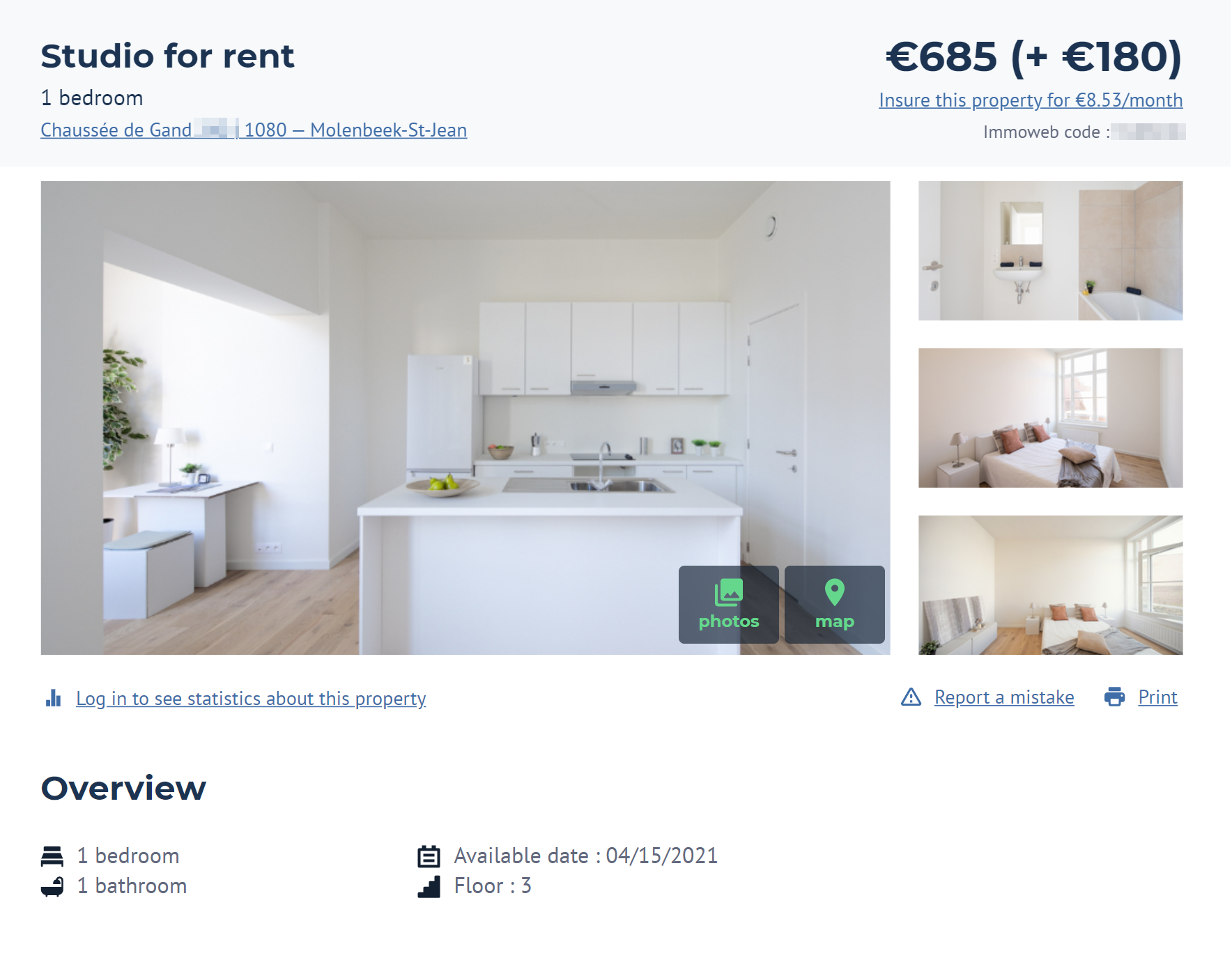 Меблированные апартаменты в неудачном районе Моленбек стоят всего 685 € в месяц. Еще 180 € придется отдавать за коммунальные услуги. Примерно такие же цены в других непрестижных районах. Источник: Immoweb