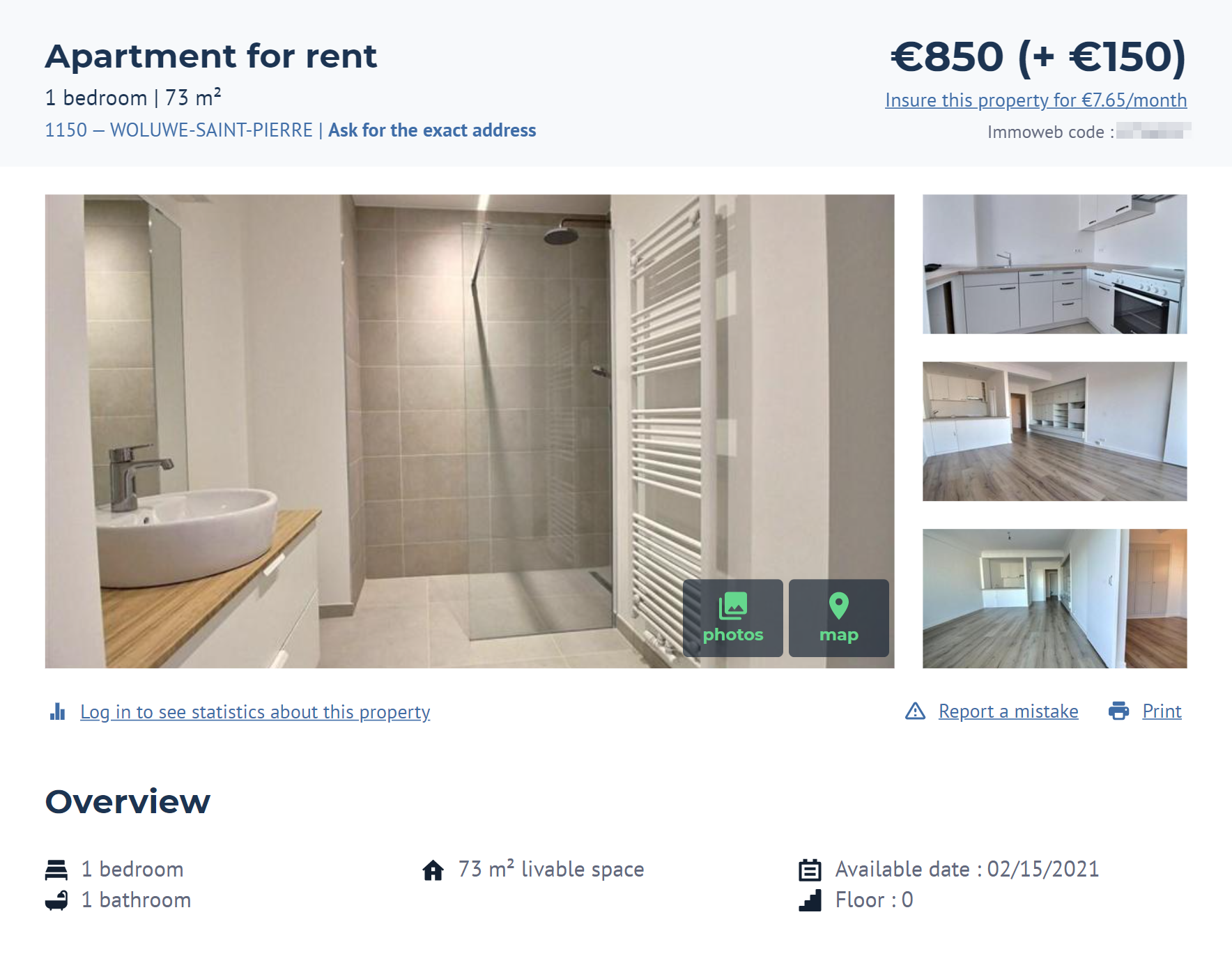Это квартира в хорошем районе Волюве-Сен-Пьер. Она стоит 850 € в месяц без мебели. Источник: Immoweb