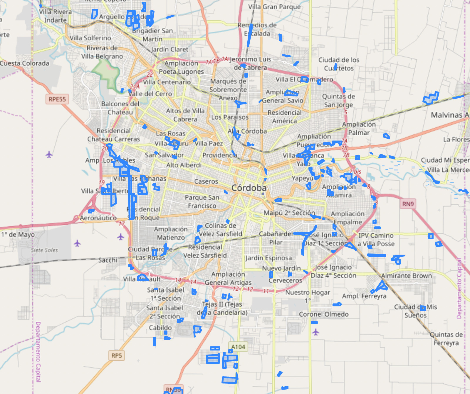 На этой карте неблагополучные районы Кордовы отмечены синим