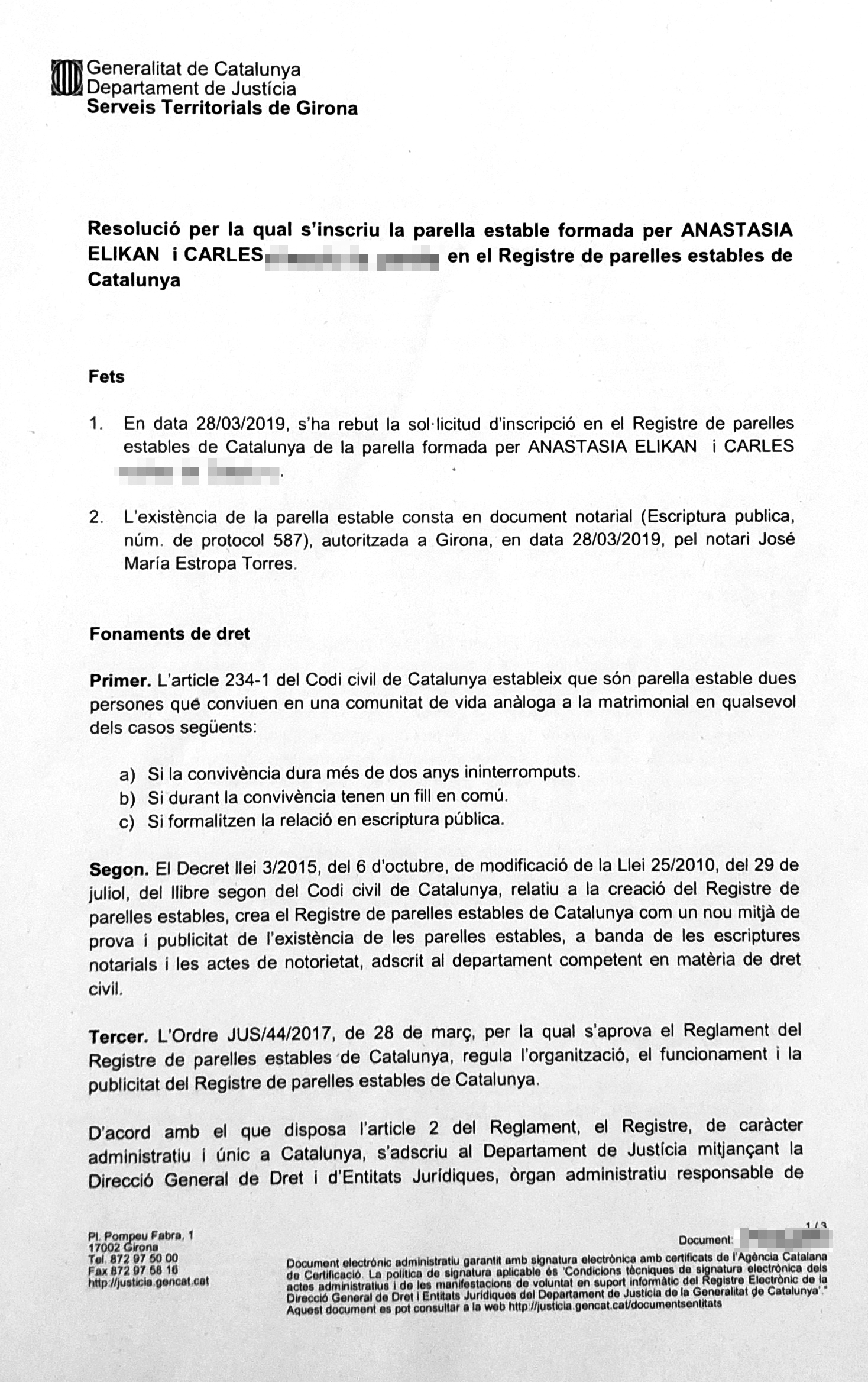Свидетельство о заключении партнерского брака на каталанском