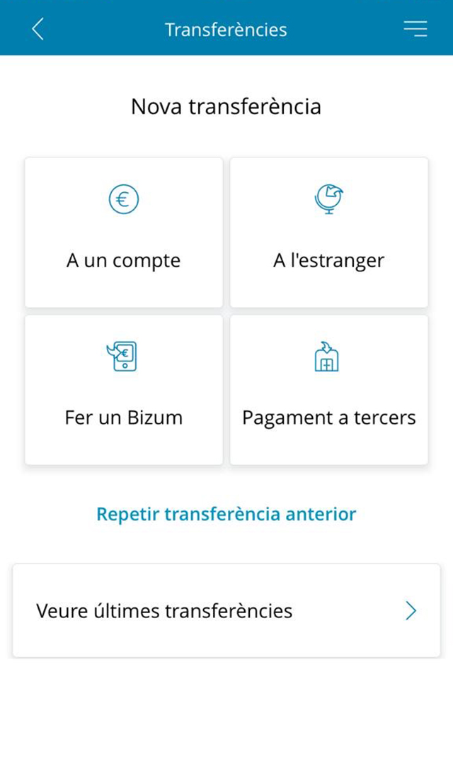 Скриншот приложения CaixaBank с сальдо, последними движениями на счете и вид страницы для денежного перевода
