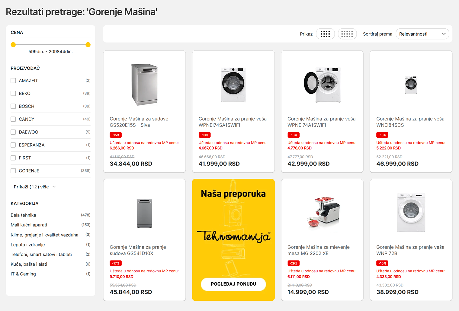 Стиральная машина «Горенье» стоит от 26 666 RSD⁣ ( ₽). Источник: tehnomanija.rs