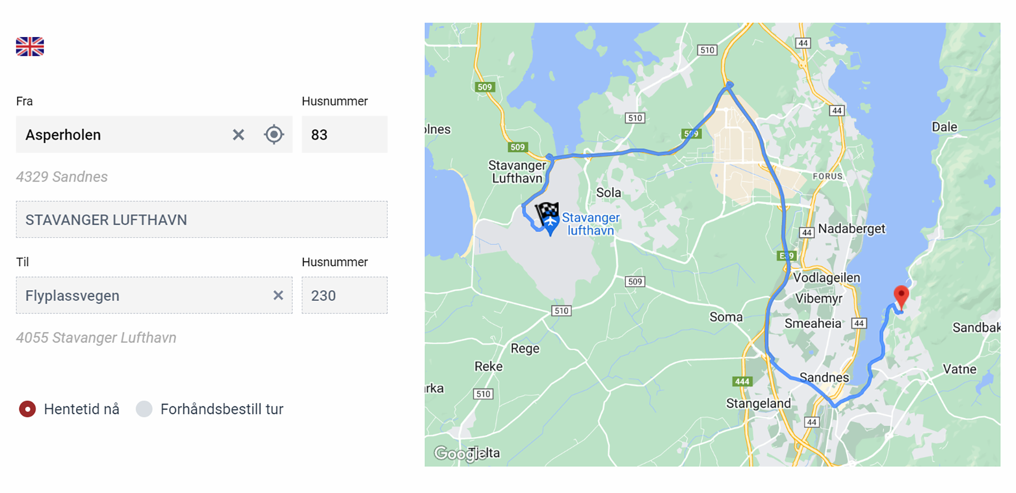 Расчет стоимости такси от нашего дома до аэропорта Ставангера в городе Сула — он находится в 15 километрах. Источник: sandnestaxi.no