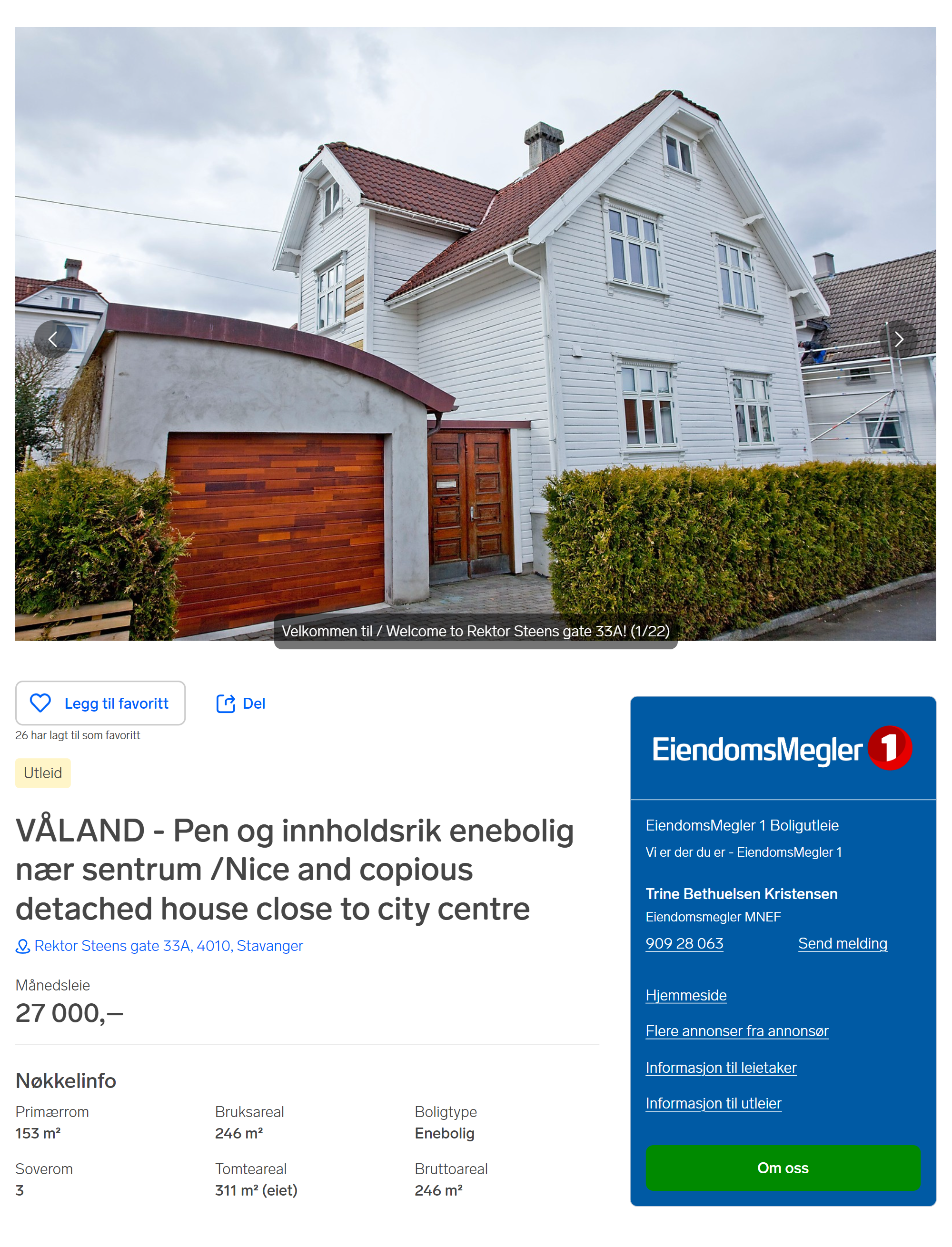 Дом в Ставангере с тремя спальнями стоит 27 000 kr в месяц. Источник: finn.no