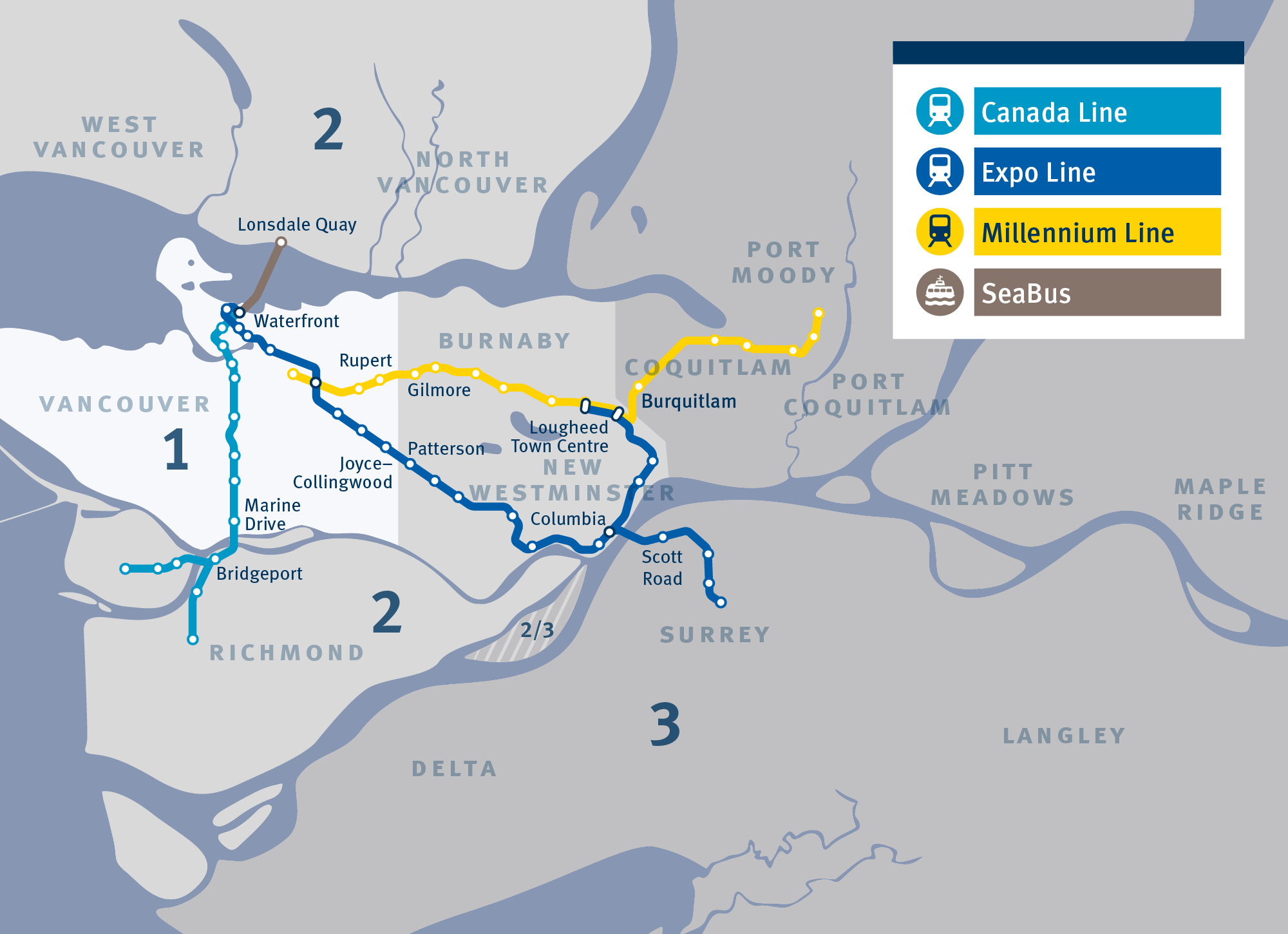 Тарифные зоны общественного транспорта в Ванкувере и его основные маршруты