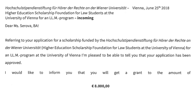 Письмо из университета с подтверждением, что меня приняли и выдадут мне стипендию 8000 € (728 000 ₽)