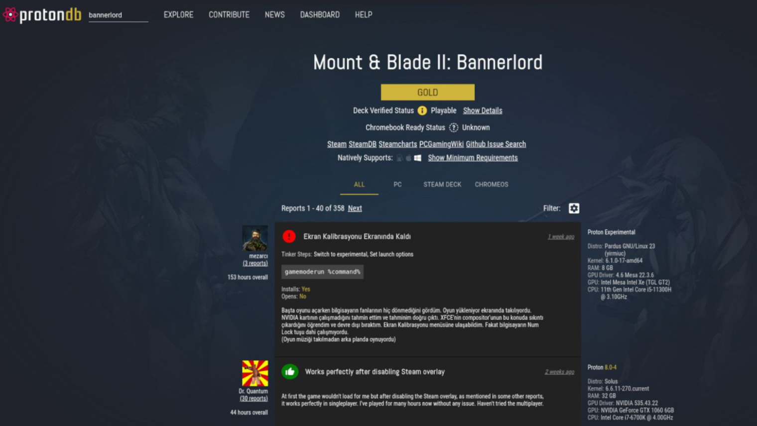 На сайте ProtonDB пользователи делятся отзывами о совместимости отдельных игр с Linux. © ProtonDB
