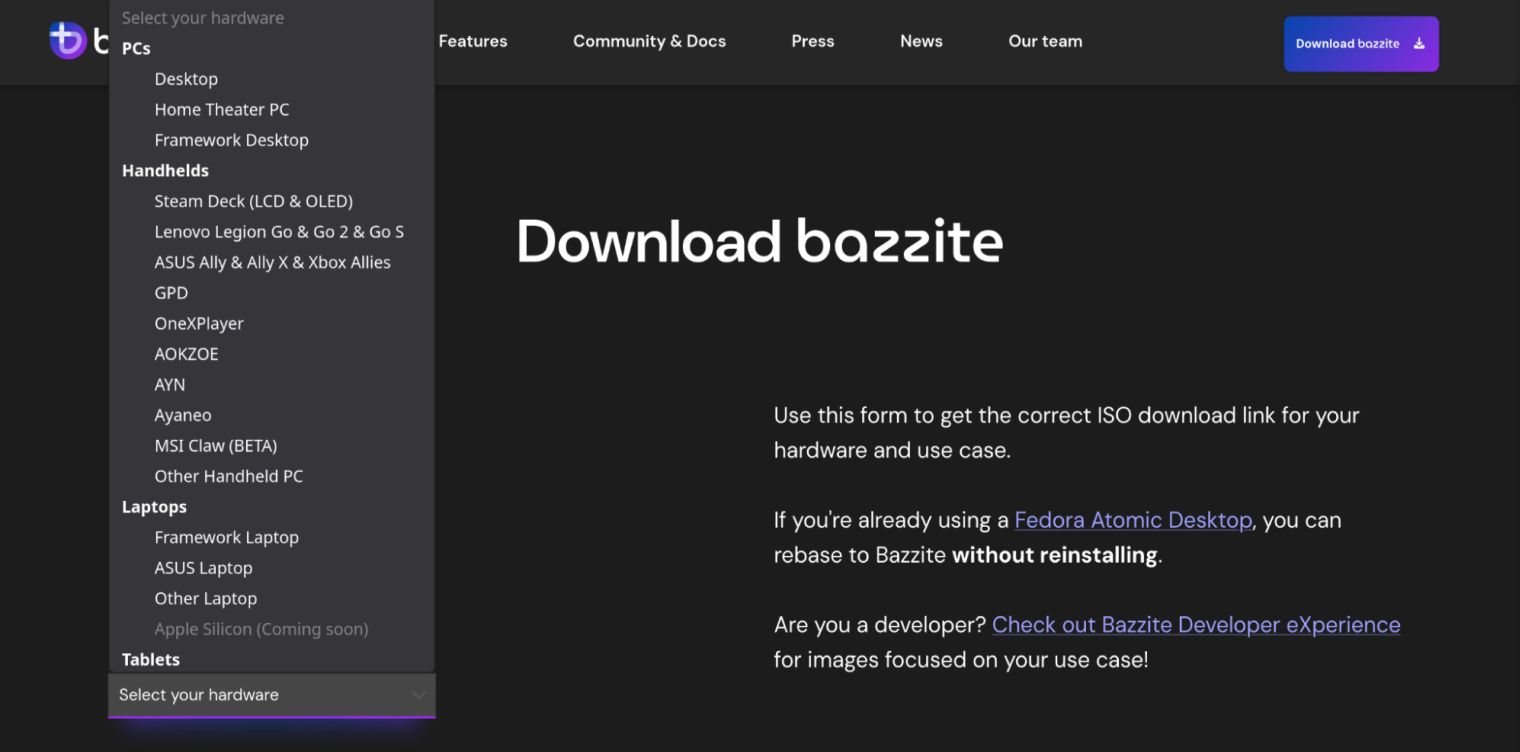 Версии Bazzite для конкретных портативных консолей и ноутбуков отличаются от настольных. © Bazzite