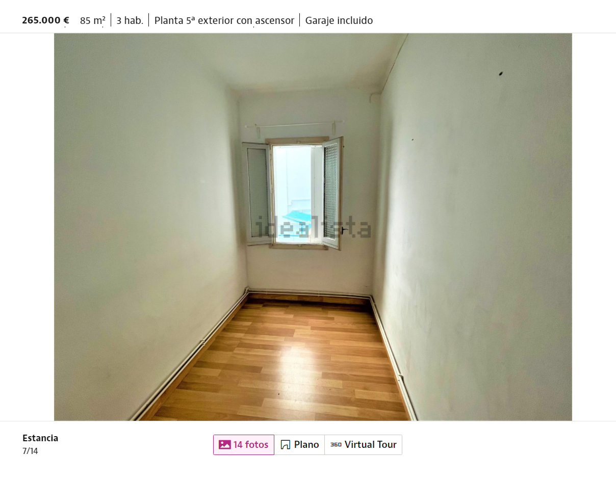 Еще одна стандартная испанская комната. Обратите внимание на цены квартир с такими комнатами — стоимость указана в левом верхнем углу скриншота. Думаю, понятны мои страдания с поиском нормального жилья по такой цене. Источник: idealista.com