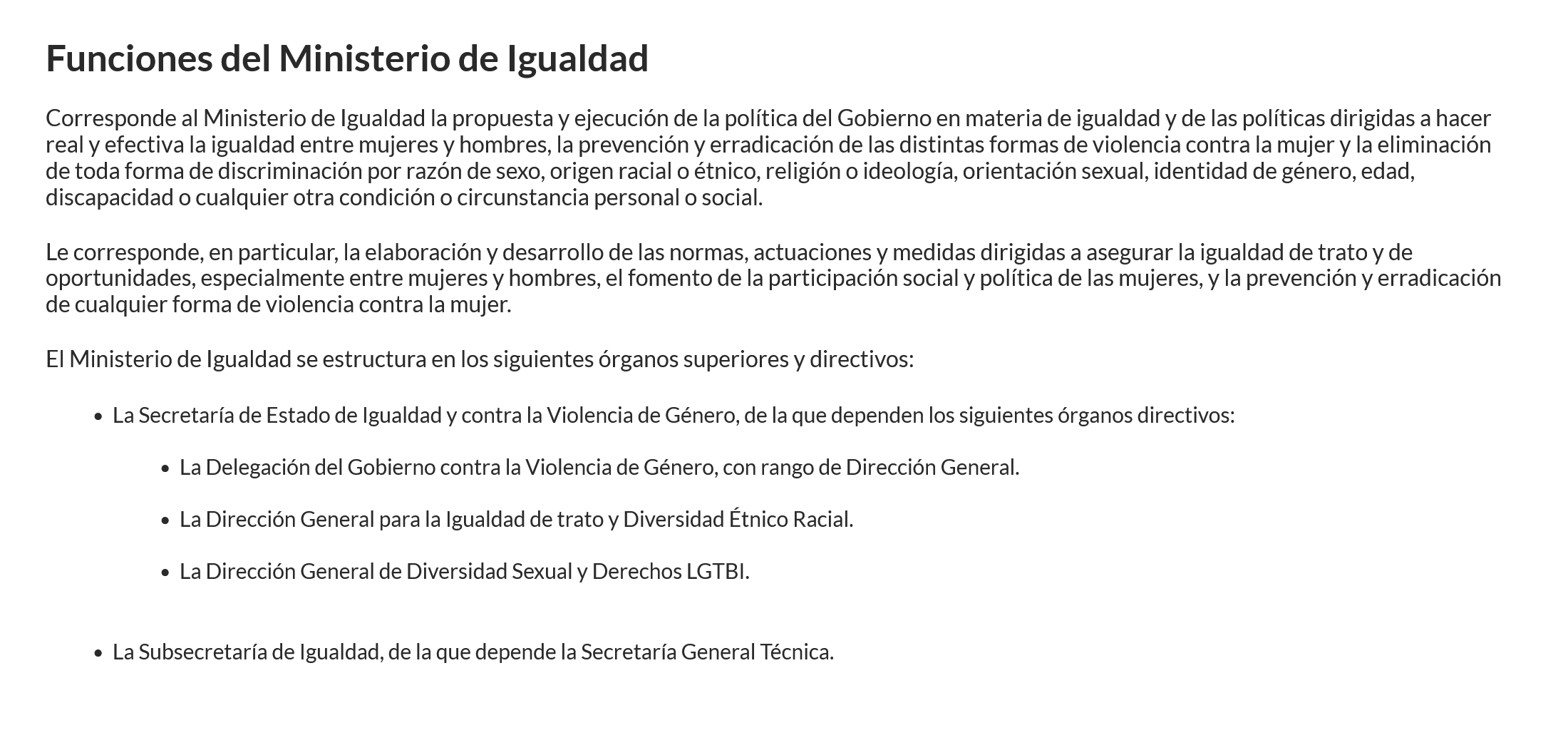 Описание функций министерства. Источник: igualdad.gob.es
