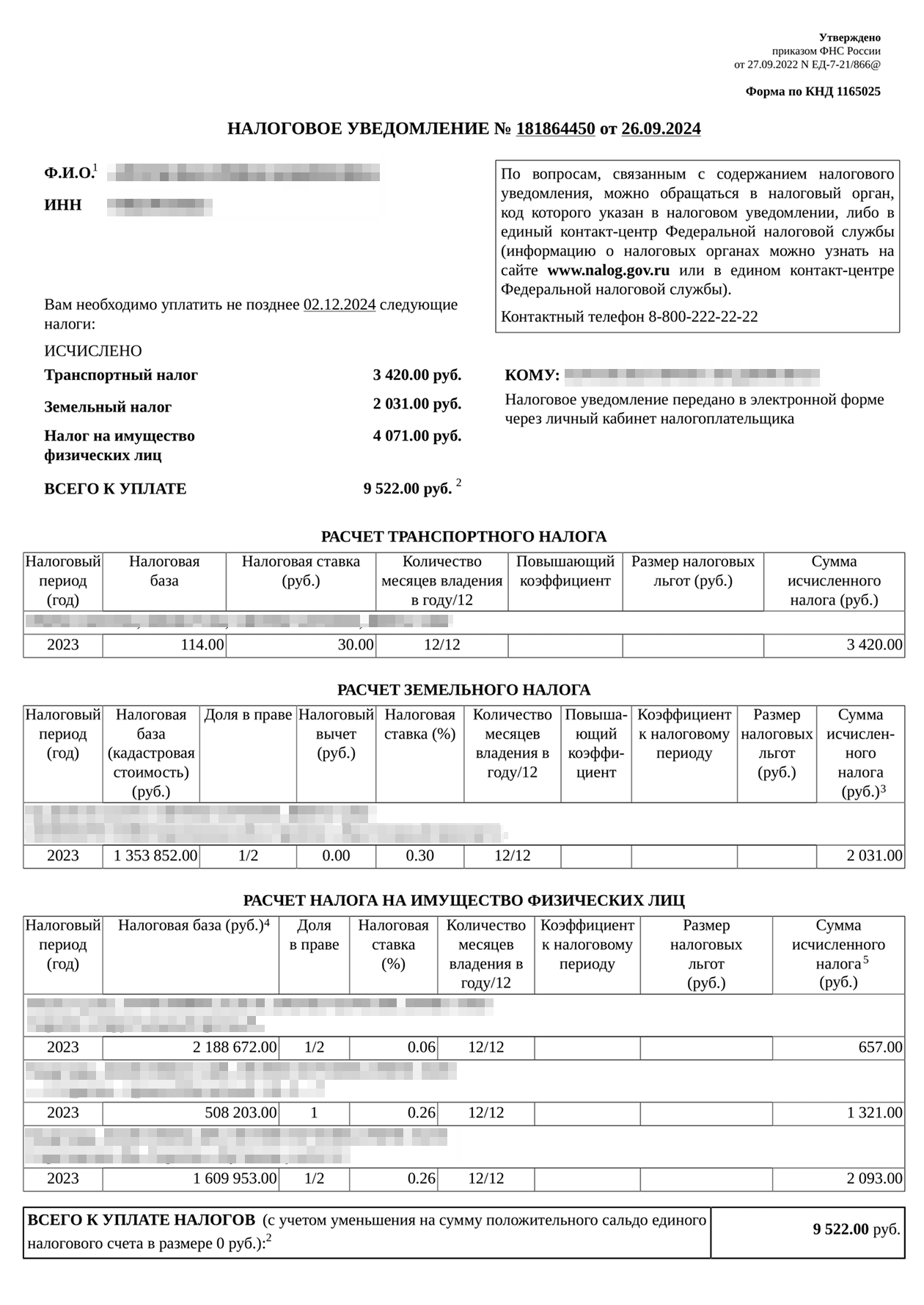 Так выглядит налоговое уведомление. В одном документе ИФНС рассчитывает все имущественные налоги за предыдущий год