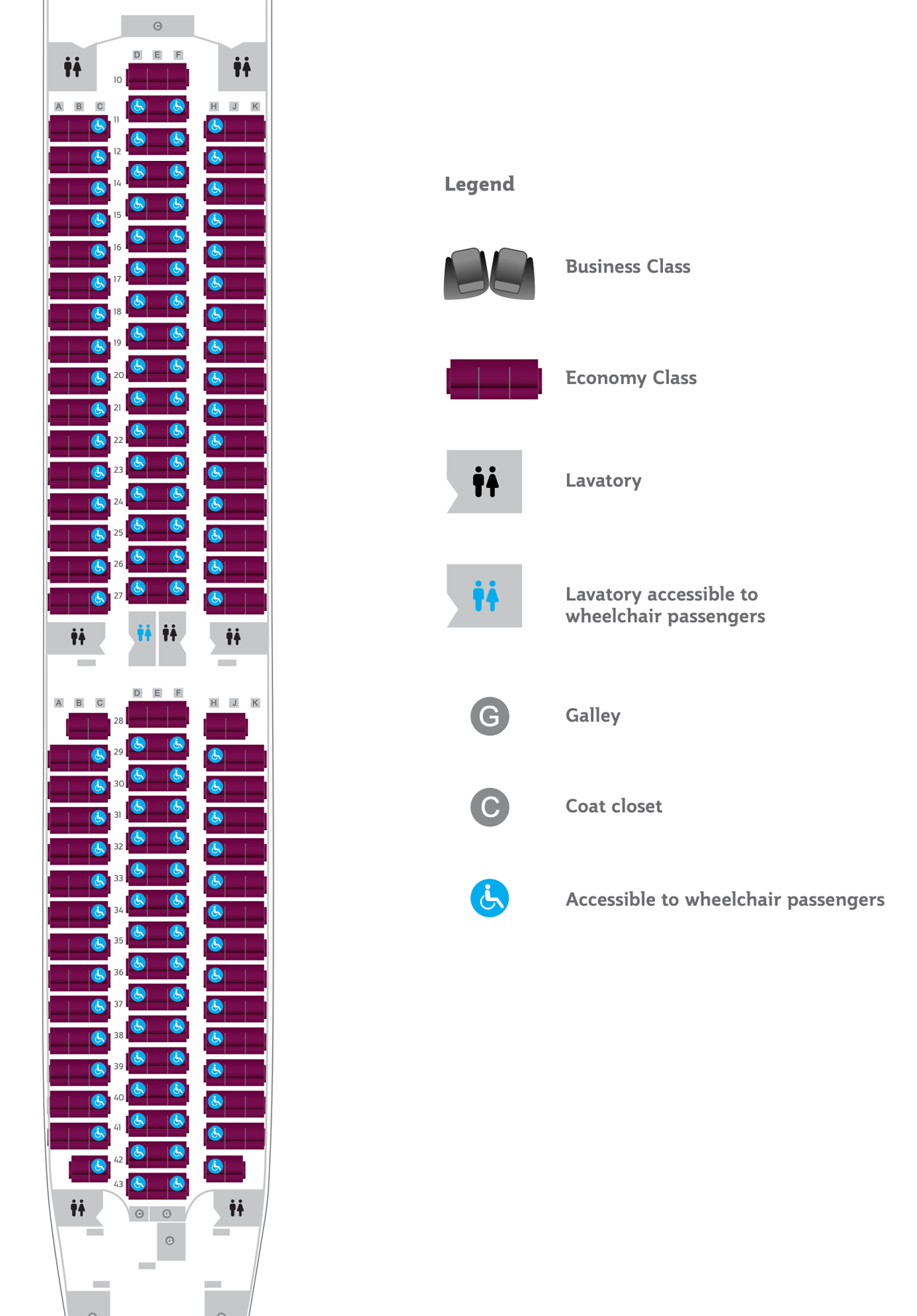 В экономклассе самолета Boeing 787-9 Qatar Airways в салоне экономкласса туалетные комнаты расположены впереди, посередине и в конце. © qatarairways.com/ru-ru