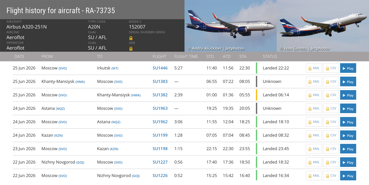 На портале Flightradar24 модель самолета указана в строке Aircraft. © flightradar24.com