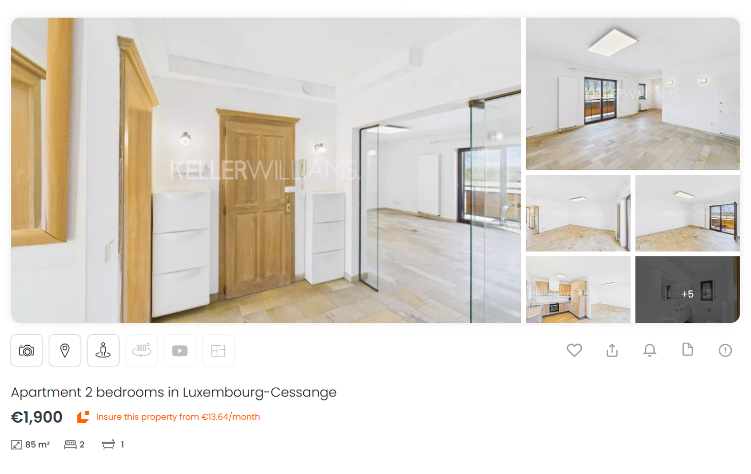 Стандартный вариант двухкомнатной квартиры 85 м² в популярном районе Сесанж. Сдается без мебели за 1 900 € ( ₽). Еще 215 € ( ₽) стоит коммуналка. Источник: athome.lu