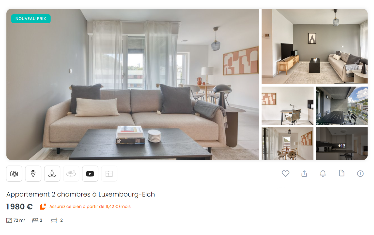 За похожий вариант с мебелью в районе Айх просят 1 980 € ( ₽) в месяц за аренду и 480 € ( ₽) за коммуналку. Источник: athome.lu