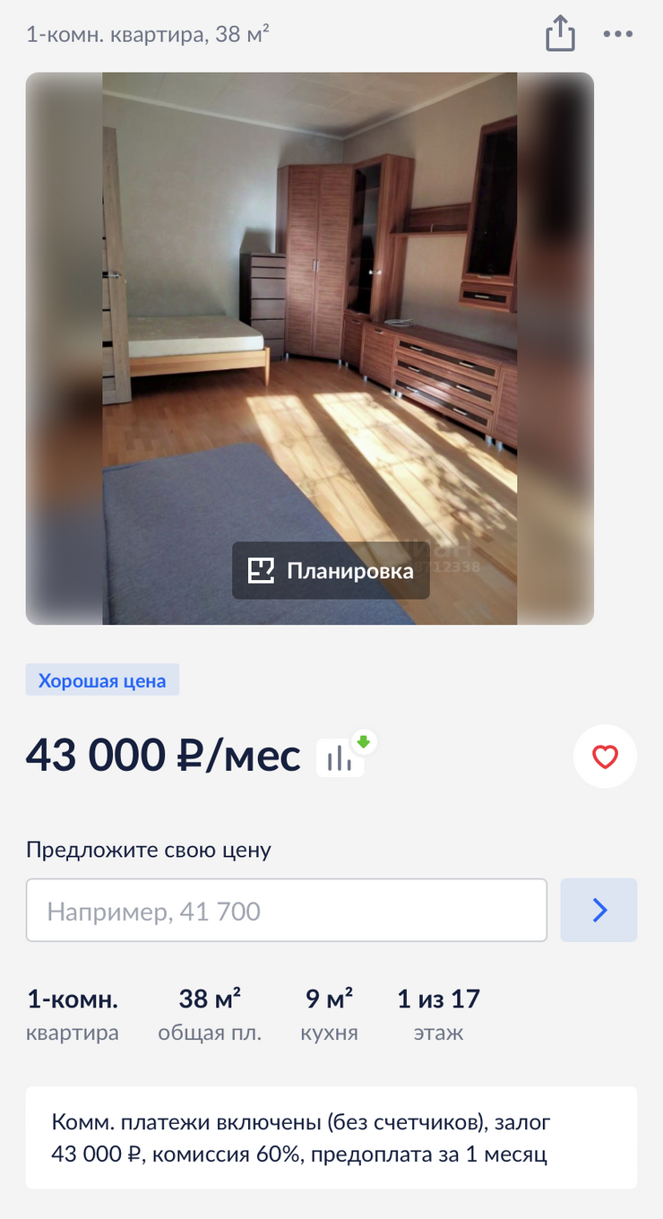 Квартиру с раритетной мебелью в октябре 2023 года сдавали за 43 000 ₽. Источник: cian.ru