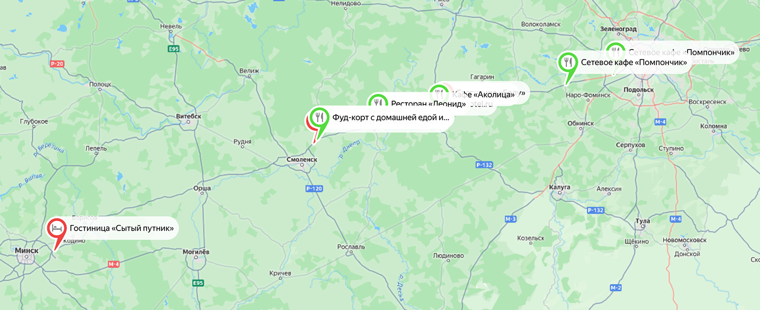 Можно пользоваться этой картой, чтобы заранее спланировать, где перекусить. © yandex.ru