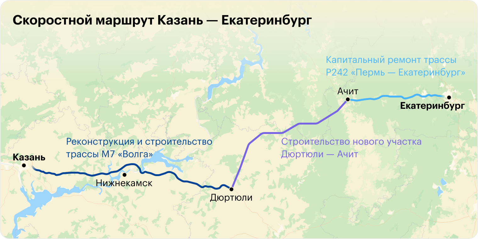 Участок М12 от Казани до Екатеринбурга будет состоять из нескольких отрезков — отремонтированных, реконструированных и совершенно новых
